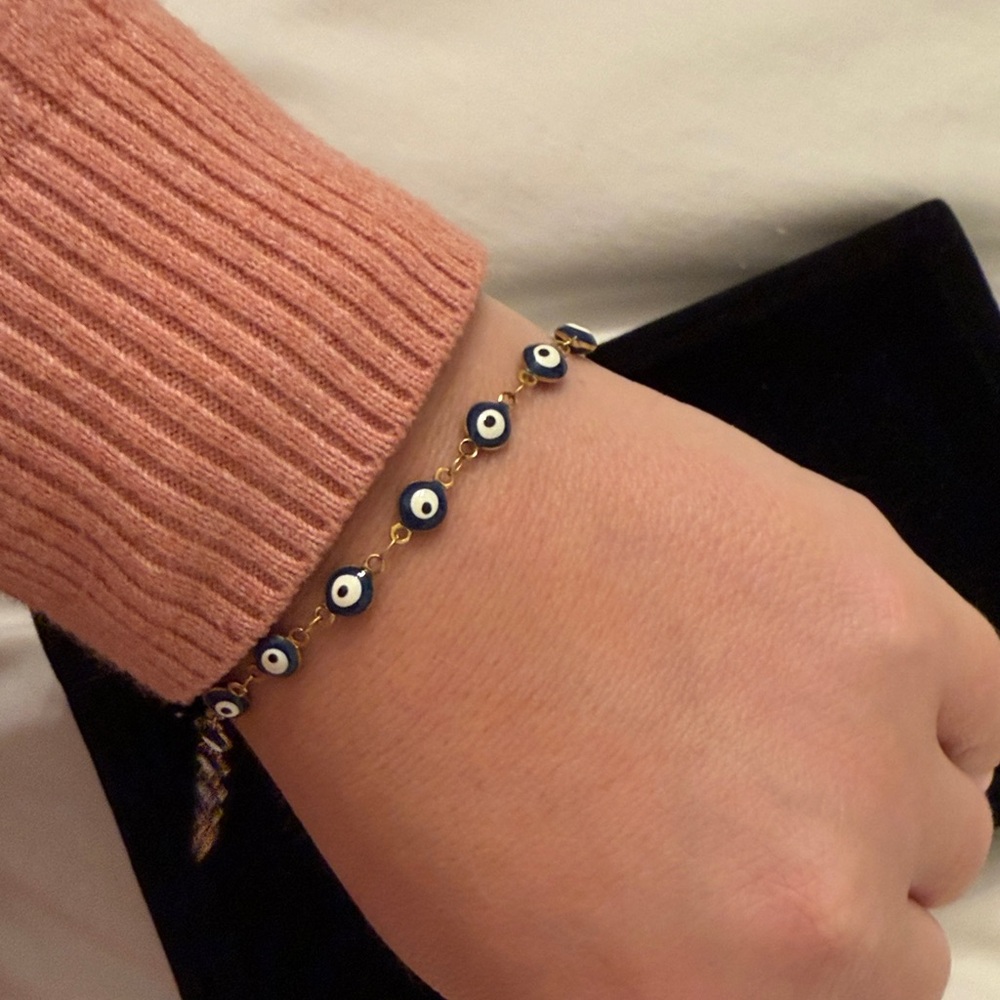 Gold Chain Bracelet with Blue Evil Eye Beads